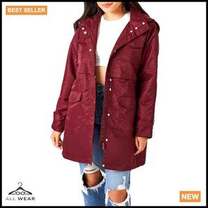 Nylon Trench Coat Longline Drawstring Hood Snap Button Zip Casual Classic